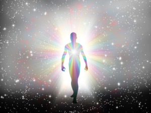 Man in rainbow light and stars, Atom, particles of light