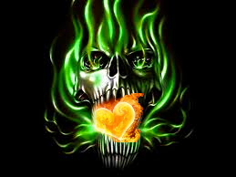 Skull with burning heart in mouth,tongue on fire,evil