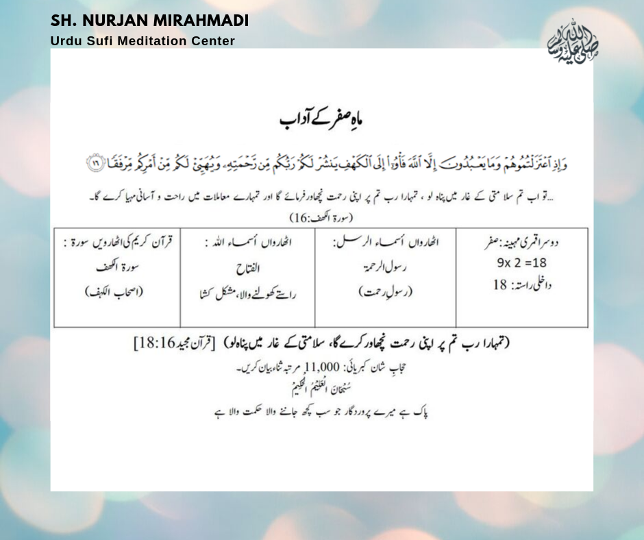 صَفَرْ الْمُظَفَّرْ
( Safar al Muzaffar)
Entry way: 18
9 X 2 = 18
18th Ismu...