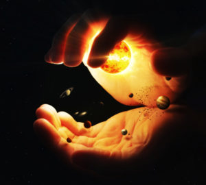 universe in hand, planets, sun,